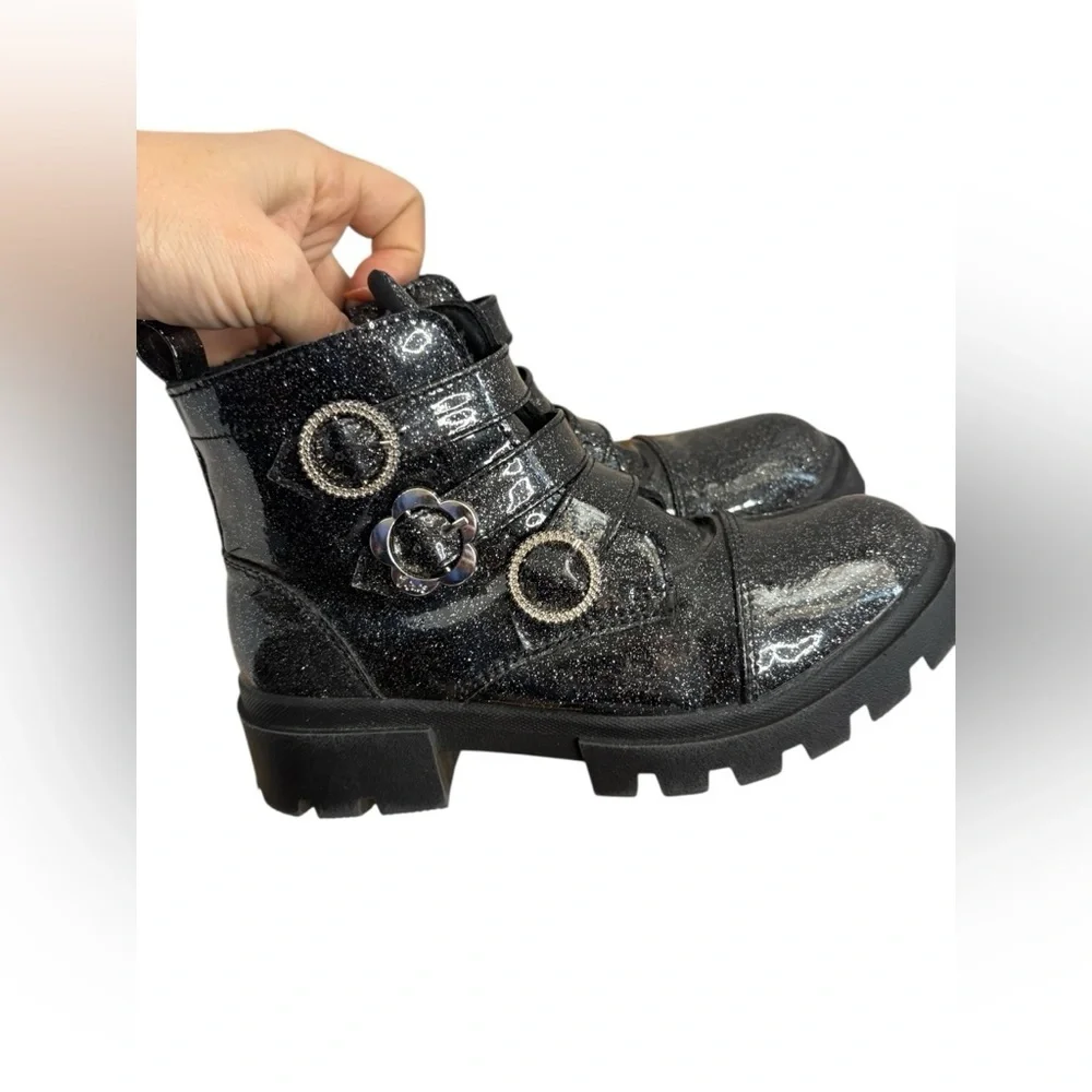 Justice Glittery Black big girls Kids Boots sz 3 zip+ 3 strap buckle preloved